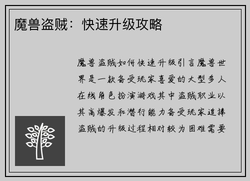魔兽盗贼：快速升级攻略