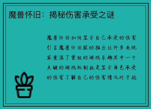魔兽怀旧：揭秘伤害承受之谜